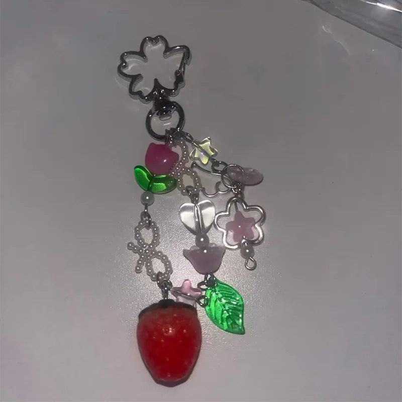 Cute Jewelry Strawberry Bow Keychain Y2K Coquettish Fairytale Lily of the Valley Bag Pendant Charm Jewelry Accessories Keychain