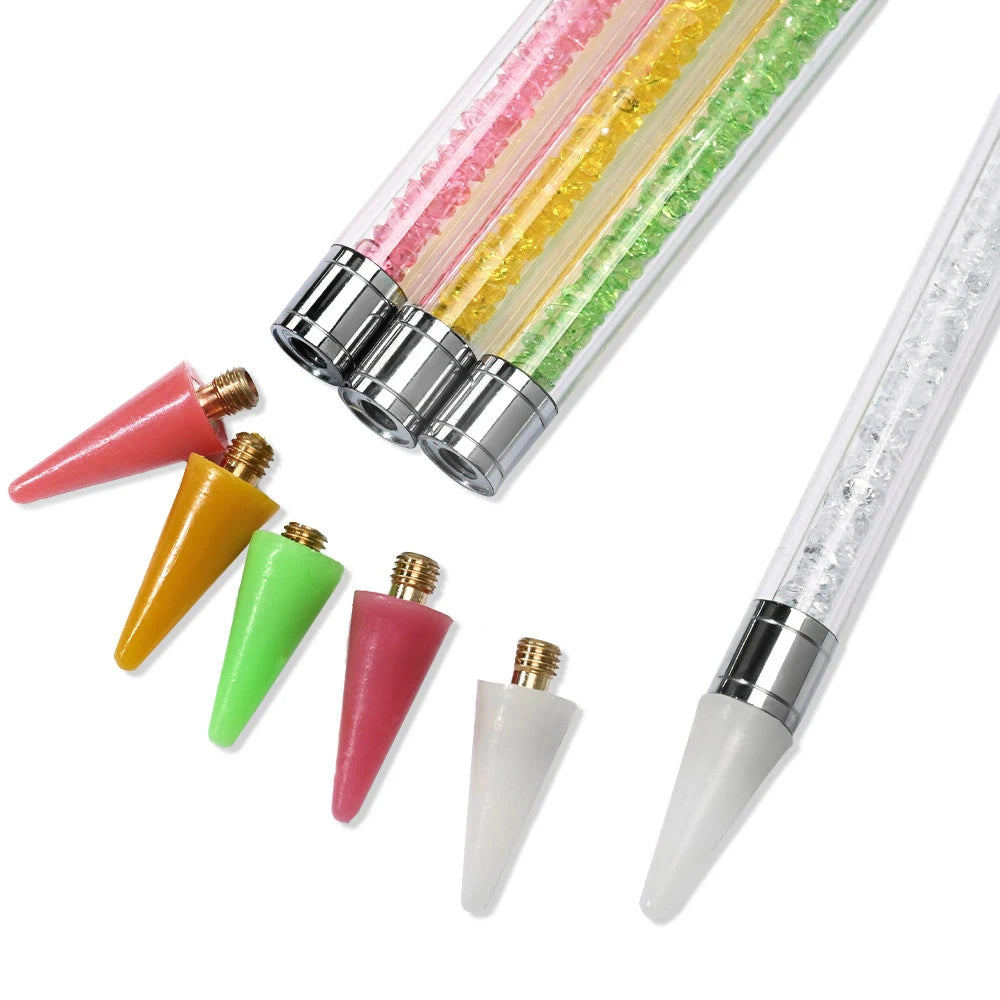 7colors Nails Art Brush Manicure Double Head Point Drill Pen Silicone Head Rhinestone Picker Wax Pencil Dot Painting Point Tools