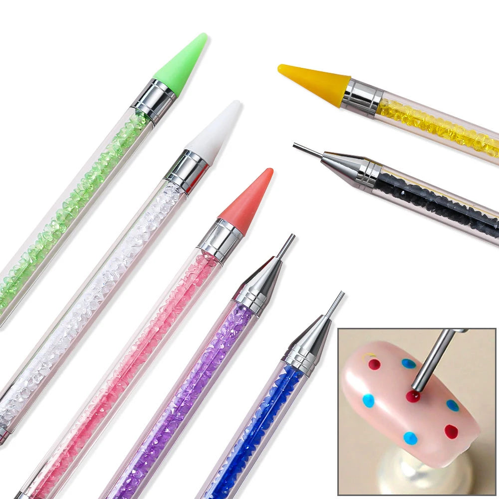 7colors Nails Art Brush Manicure Double Head Point Drill Pen Silicone Head Rhinestone Picker Wax Pencil Dot Painting Point Tools