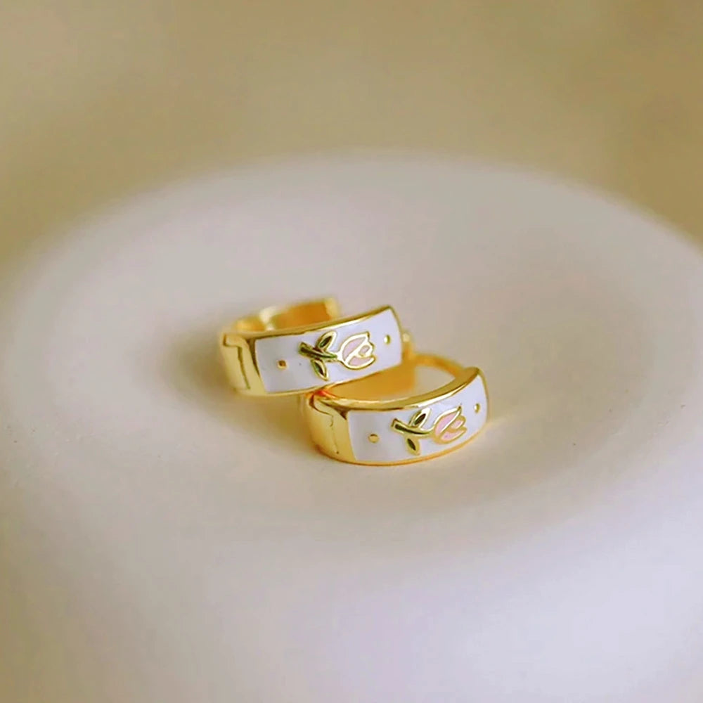 LATS White Pink Enamel Tulip Floral Tea Cup Hoops Earrings for Women Spring Summer 14K Gold Plated Jewelry Fashion Accessories