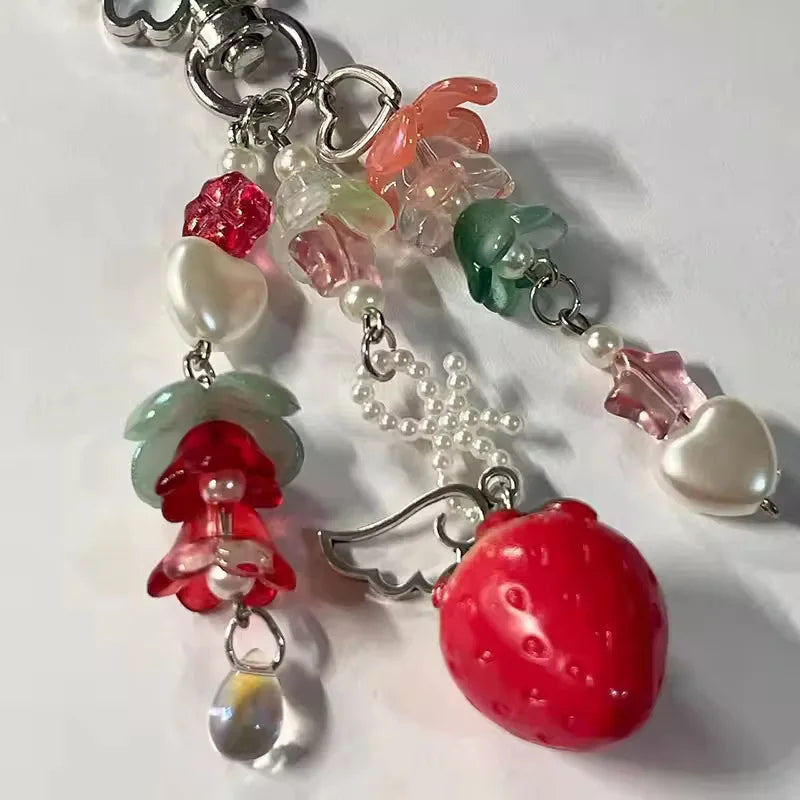 Cute Jewelry Strawberry Bow Keychain Y2K Coquettish Fairytale Lily of the Valley Bag Pendant Charm Jewelry Accessories Keychain