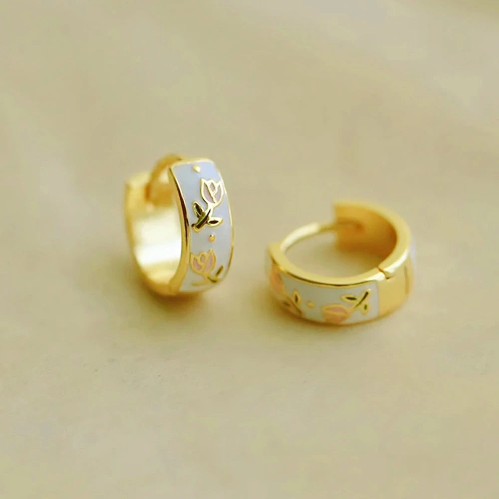 LATS White Pink Enamel Tulip Floral Tea Cup Hoops Earrings for Women Spring Summer 14K Gold Plated Jewelry Fashion Accessories