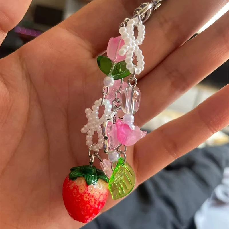 Cute Jewelry Strawberry Bow Keychain Y2K Coquettish Fairytale Lily of the Valley Bag Pendant Charm Jewelry Accessories Keychain
