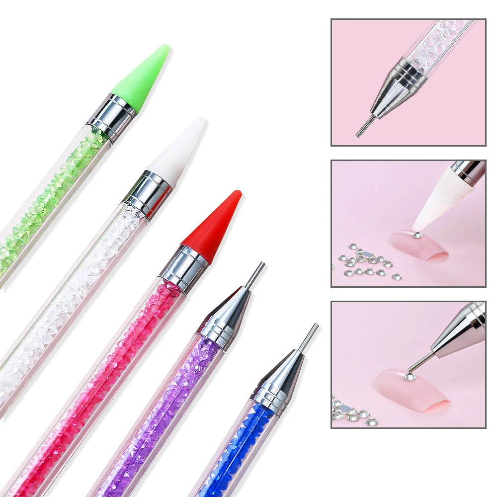 7colors Nails Art Brush Manicure Double Head Point Drill Pen Silicone Head Rhinestone Picker Wax Pencil Dot Painting Point Tools