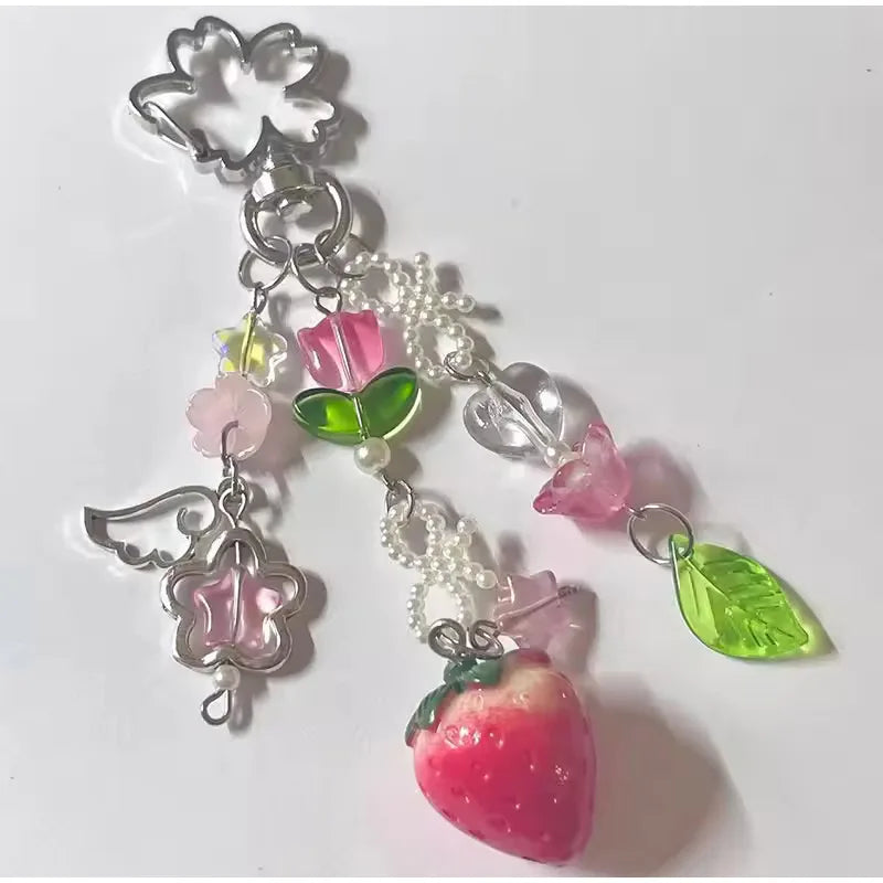 Cute Jewelry Strawberry Bow Keychain Y2K Coquettish Fairytale Lily of the Valley Bag Pendant Charm Jewelry Accessories Keychain