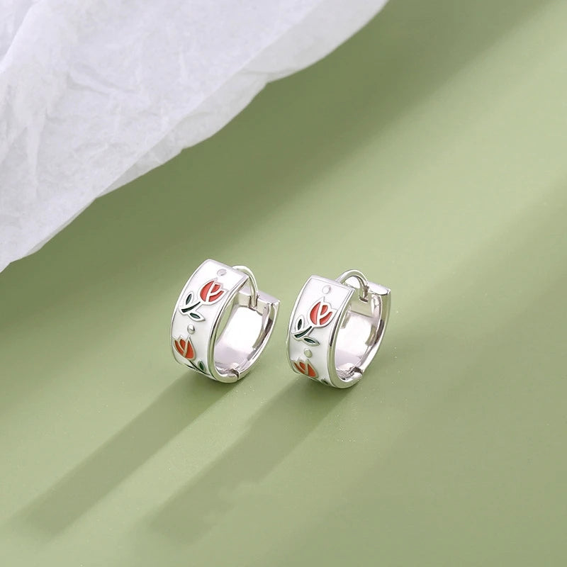 LATS White Pink Enamel Tulip Floral Tea Cup Hoops Earrings for Women Spring Summer 14K Gold Plated Jewelry Fashion Accessories
