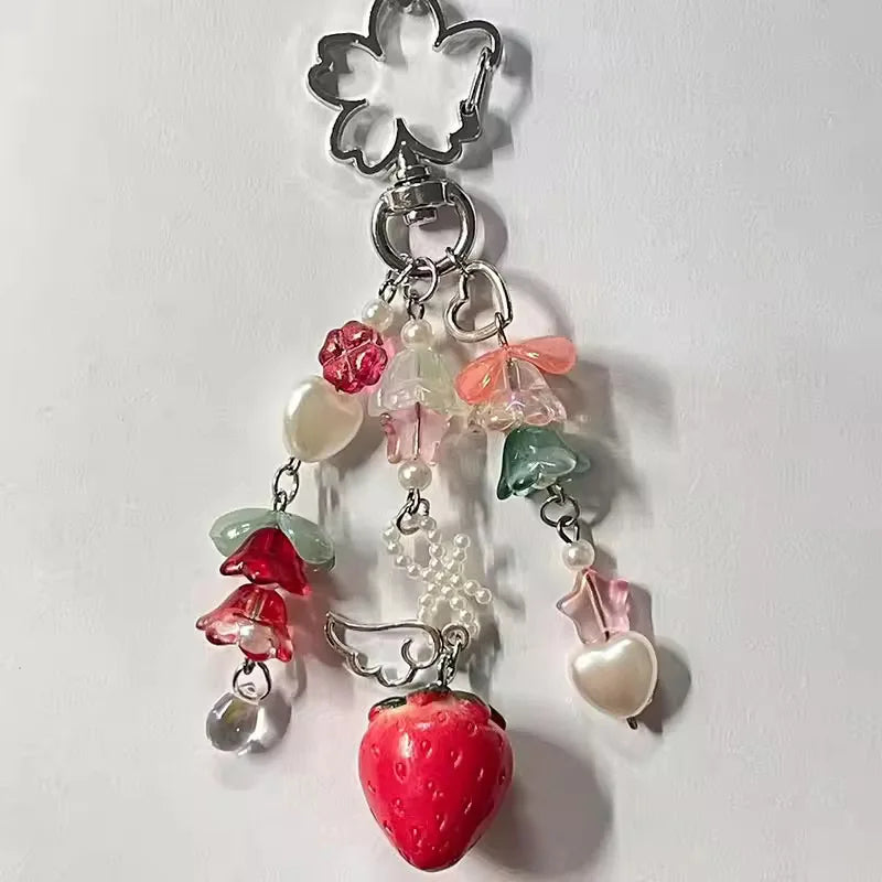 Cute Jewelry Strawberry Bow Keychain Y2K Coquettish Fairytale Lily of the Valley Bag Pendant Charm Jewelry Accessories Keychain